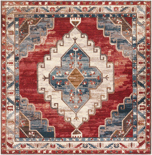 Red and Navy Blue 7' 10 x 7' 10 Outdoor Traditional Square Area Rug Weather Resistant for Patio, Deck, Terrace, Balcony, Porch Classical Design Outside Carpet for Sale at Rug Engine