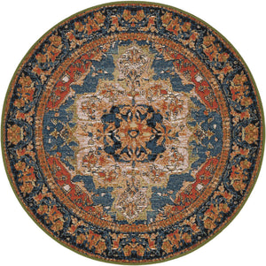 Navy Blue and Rust Red 3' 1 x 3' 1 Outdoor Traditional Round Area Rug Weather Resistant for Patio, Deck, Terrace, Balcony, Porch Classical Design Outside Carpet for Sale at Rug Engine