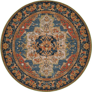 Navy Blue and Rust Red 4' 1 x 4' 1 Outdoor Traditional Round Area Rug Weather Resistant for Patio, Deck, Terrace, Balcony, Porch Classical Design Outside Carpet for Sale at Rug Engine