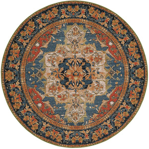Navy Blue and Rust Red 5' 1 x 5' 1 Outdoor Traditional Round Area Rug Weather Resistant for Patio, Deck, Terrace, Balcony, Porch Classical Design Outside Carpet for Sale at Rug Engine