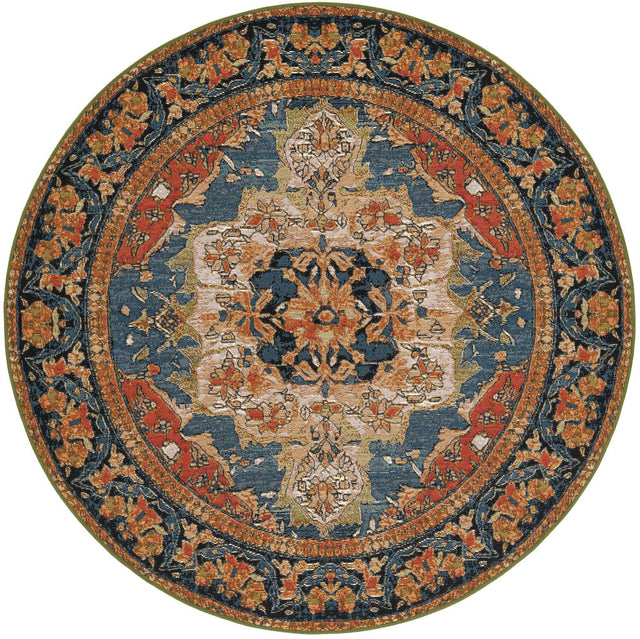 Navy Blue and Rust Red 5' 1 x 5' 1 Outdoor Traditional Round Area Rug Weather Resistant for Patio, Deck, Terrace, Balcony, Porch Classical Design Outside Carpet for Sale at Rug Engine