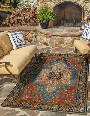 Navy Blue and Rust Red 4' 1 x 6' 1 Outdoor Traditional Rectangle Area Rug Weather Resistant for Patio, Deck, Terrace, Balcony, Porch Classical Design Outside Carpet for Sale at Rug Engine