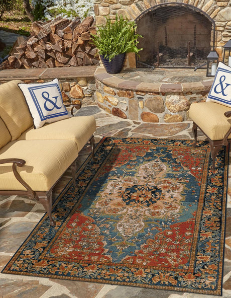Navy Blue and Rust Red 6' 1 x 9' Outdoor Traditional Rectangle Rug