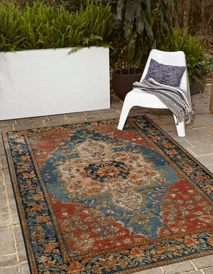 Navy Blue and Rust Red 9' x 12' Outdoor Traditional Rectangle Area Rug Weather Resistant for Patio, Deck, Terrace, Balcony, Porch Classical Design Outside Carpet for Sale at Rug Engine