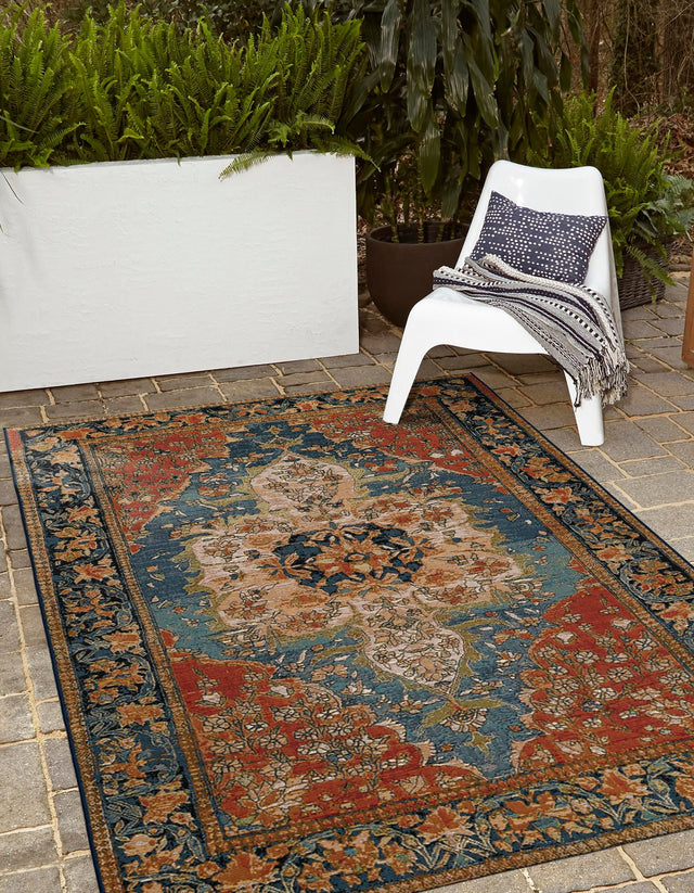 Navy Blue and Rust Red 4' 1 x 6' 1 Outdoor Traditional Rectangle Area Rug Weather Resistant for Patio, Deck, Terrace, Balcony, Porch Classical Design Outside Carpet for Sale at Rug Engine