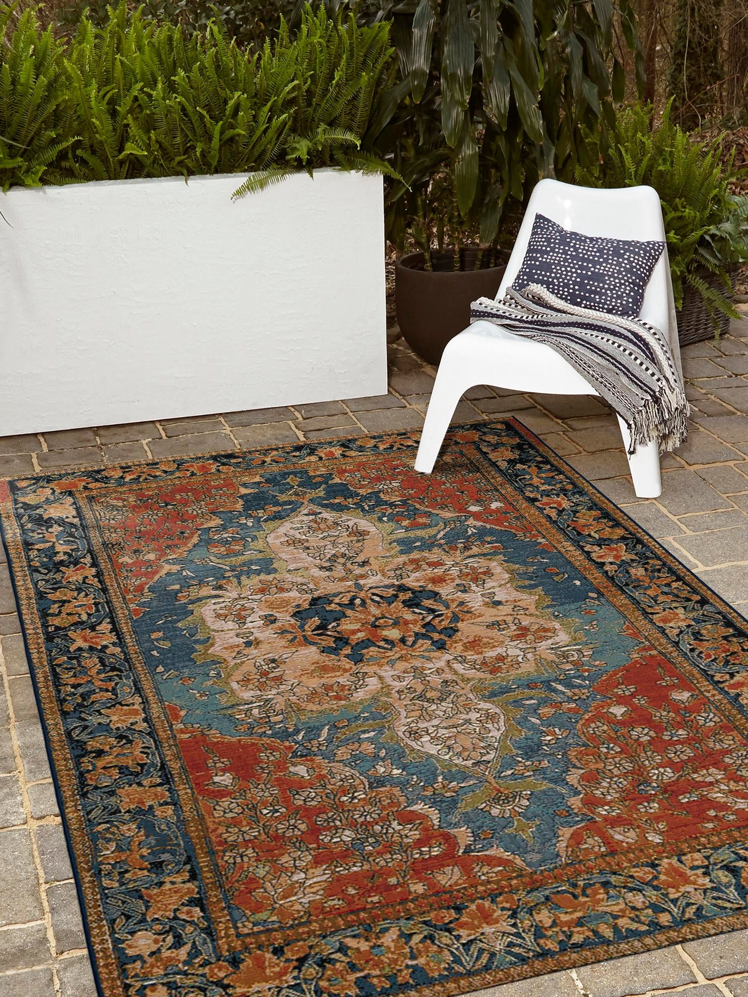 Navy Blue and Rust Red 7' 10 x 10' Outdoor Traditional Rectangle Area Rug Weather Resistant for Patio, Deck, Terrace, Balcony, Porch Classical Design Outside Carpet for Sale at Rug Engine