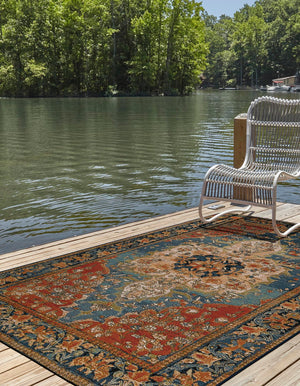 Navy Blue and Rust Red 7' 10 x 10' Outdoor Traditional Rectangle Area Rug Weather Resistant for Patio, Deck, Terrace, Balcony, Porch Classical Design Outside Carpet for Sale at Rug Engine