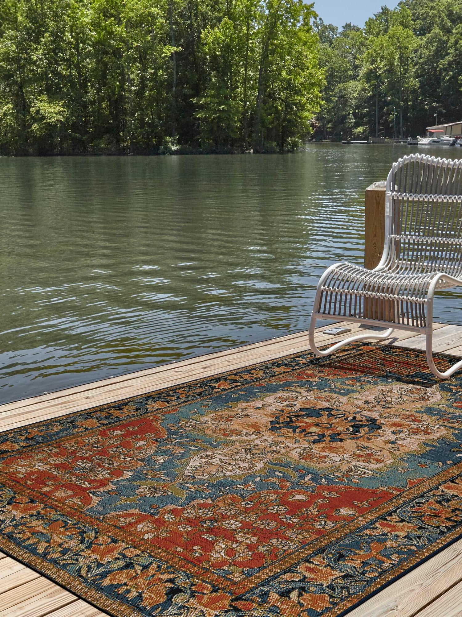 Navy Blue and Rust Red 4' 1 x 6' 1 Outdoor Traditional Rectangle Area Rug Weather Resistant for Patio, Deck, Terrace, Balcony, Porch Classical Design Outside Carpet for Sale at Rug Engine