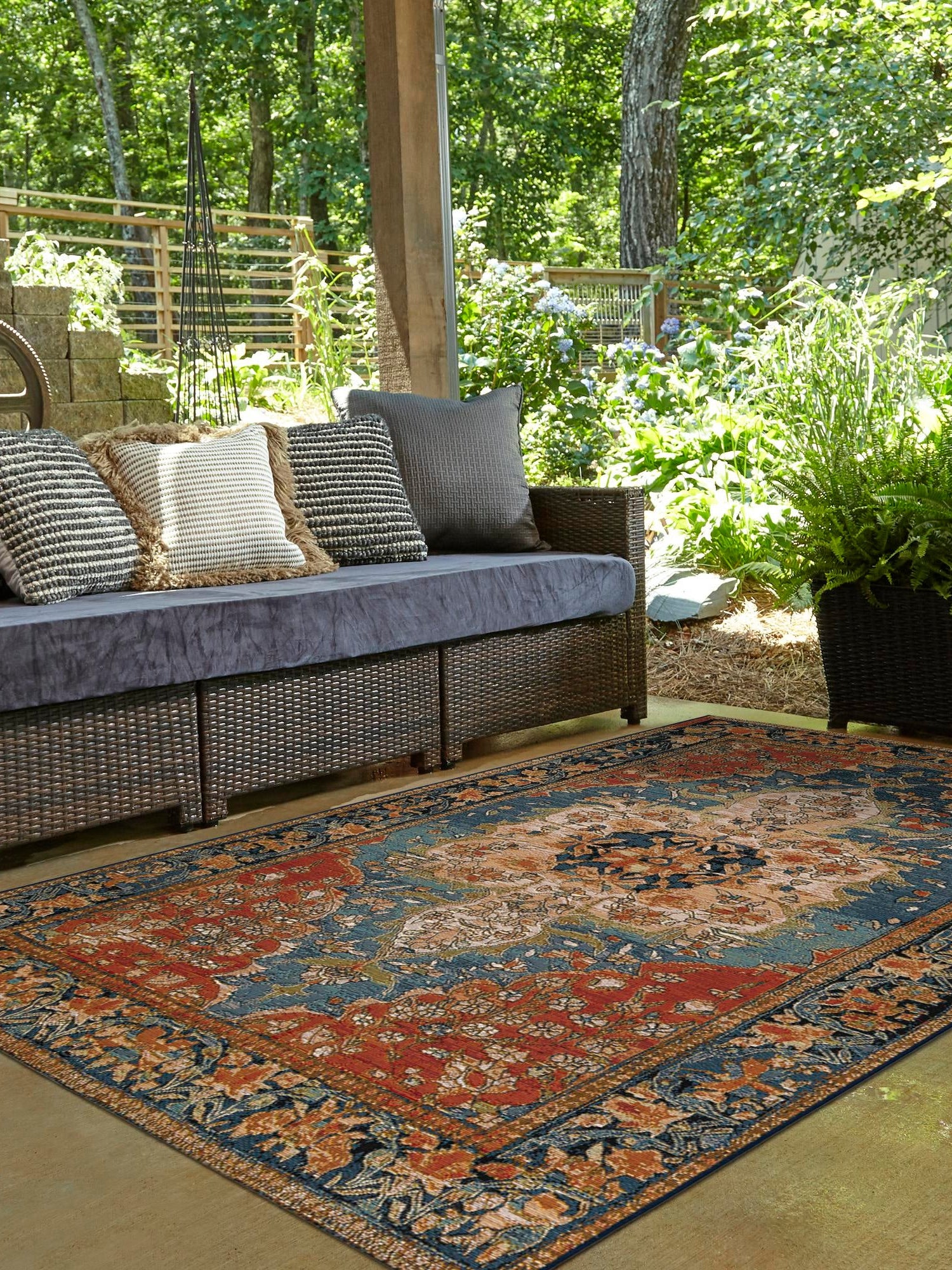 Navy Blue and Rust Red 5' 1 x 7' 1 Outdoor Traditional Rectangle Area Rug Weather Resistant for Patio, Deck, Terrace, Balcony, Porch Classical Design Outside Carpet for Sale at Rug Engine