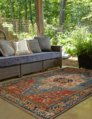 Navy Blue and Rust Red 9' x 12' Outdoor Traditional Rectangle Area Rug Weather Resistant for Patio, Deck, Terrace, Balcony, Porch Classical Design Outside Carpet for Sale at Rug Engine