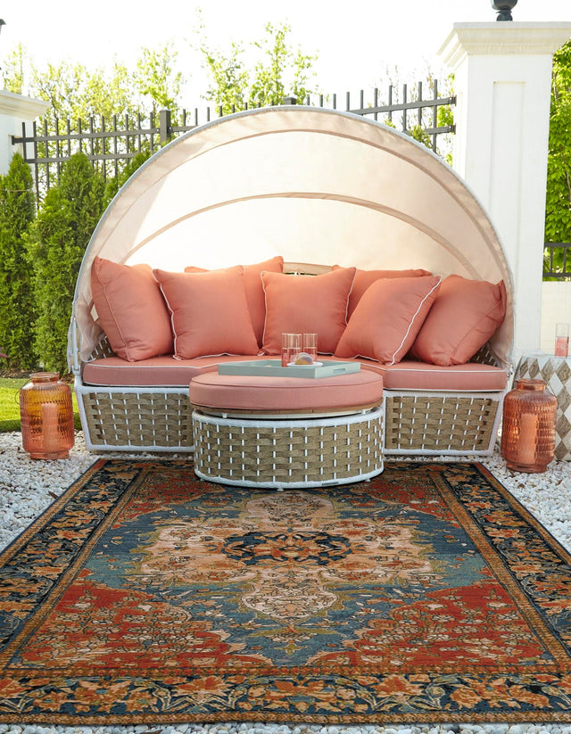 Navy Blue and Rust Red 9' x 12' Outdoor Traditional Rectangle Area Rug Weather Resistant for Patio, Deck, Terrace, Balcony, Porch Classical Design Outside Carpet for Sale at Rug Engine