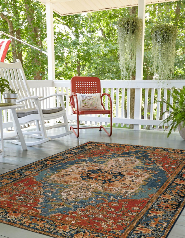 Navy Blue and Rust Red 7' 10 x 10' Outdoor Traditional Rectangle Area Rug Weather Resistant for Patio, Deck, Terrace, Balcony, Porch Classical Design Outside Carpet for Sale at Rug Engine