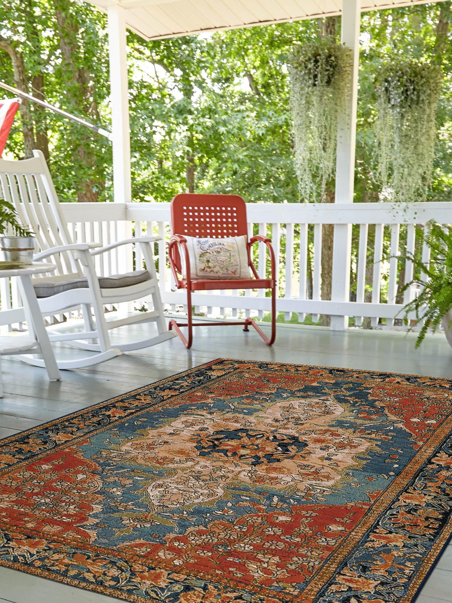 Navy Blue and Rust Red 4' 1 x 6' 1 Outdoor Traditional Rectangle Area Rug Weather Resistant for Patio, Deck, Terrace, Balcony, Porch Classical Design Outside Carpet for Sale at Rug Engine