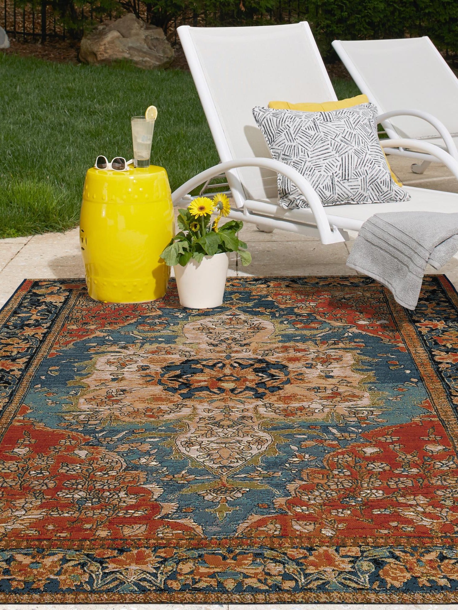 Navy Blue and Rust Red 2' x 3' 1 Outdoor Traditional Rectangle Area Rug Weather Resistant for Patio, Deck, Terrace, Balcony, Porch Classical Design Outside Carpet for Sale at Rug Engine