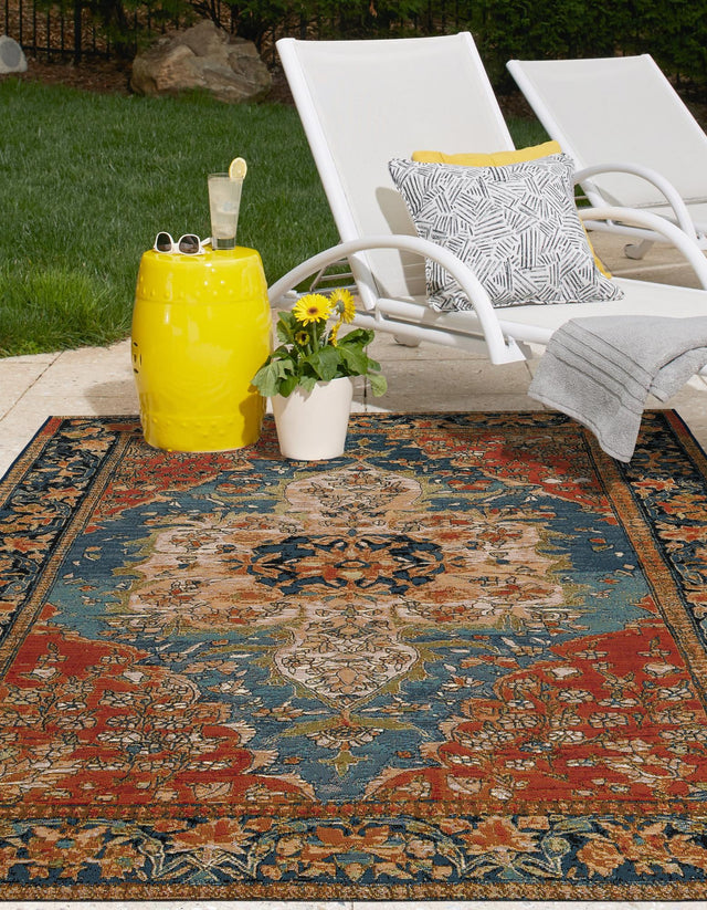 Navy Blue and Rust Red 7' 10 x 10' Outdoor Traditional Rectangle Area Rug Weather Resistant for Patio, Deck, Terrace, Balcony, Porch Classical Design Outside Carpet for Sale at Rug Engine