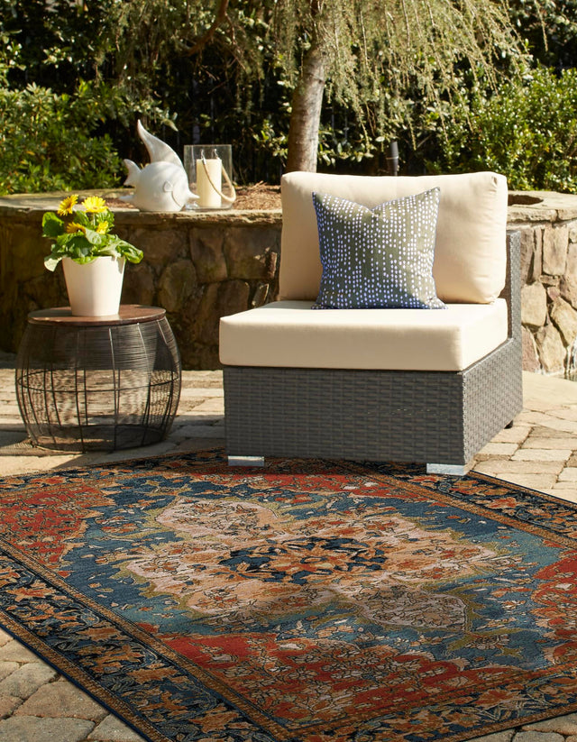 Navy Blue and Rust Red 6' 1 x 9' Outdoor Traditional Rectangle Rug