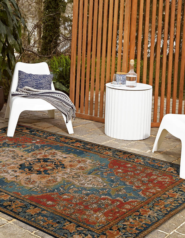 Navy Blue and Rust Red 7' 10 x 10' Outdoor Traditional Rectangle Area Rug Weather Resistant for Patio, Deck, Terrace, Balcony, Porch Classical Design Outside Carpet for Sale at Rug Engine
