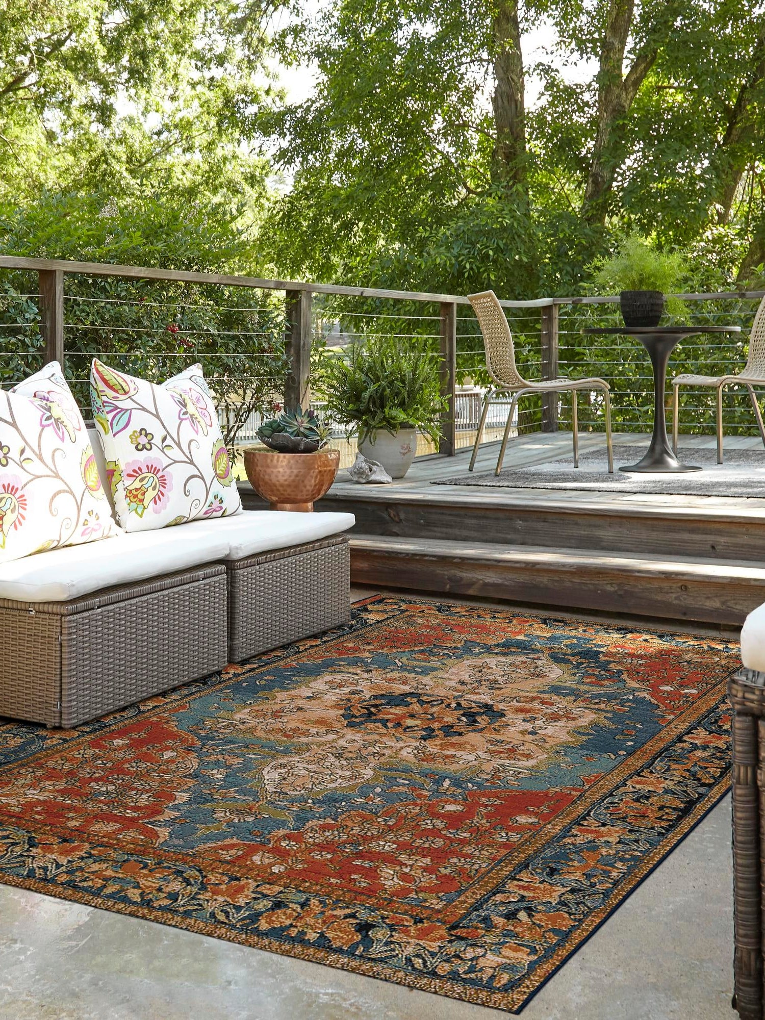 Navy Blue and Rust Red 6' 1 x 9' Outdoor Traditional Rectangle Area Rug Weather Resistant for Patio, Deck, Terrace, Balcony, Porch Classical Design Outside Carpet for Sale at Rug Engine
