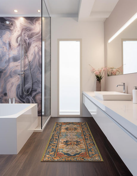 Navy Blue and Rust Red 2' x 5' 1 Outdoor Traditional Runner Area Rug Weather Resistant for Patio, Deck, Terrace, Balcony, Porch Classical Design Outside Carpet for Sale at Rug Engine