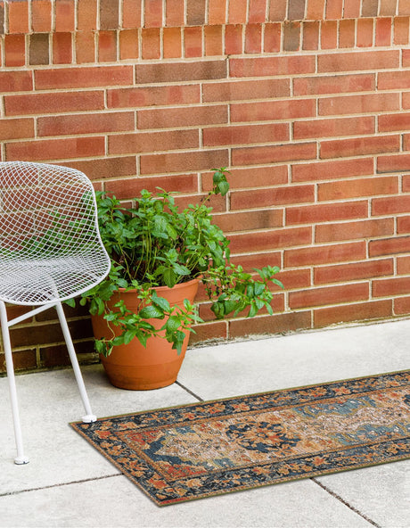 Navy Blue and Rust Red 2' x 5' 1 Outdoor Traditional Runner Area Rug Weather Resistant for Patio, Deck, Terrace, Balcony, Porch Classical Design Outside Carpet for Sale at Rug Engine