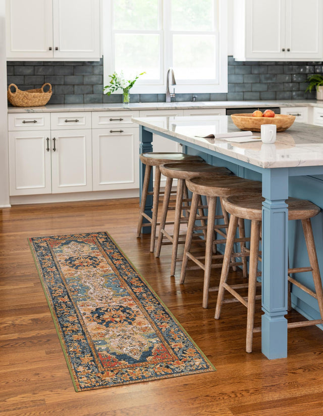 Navy Blue and Rust Red 2' x 8' Outdoor Traditional Runner Area Rug Weather Resistant for Patio, Deck, Terrace, Balcony, Porch Classical Design Outside Carpet for Sale at Rug Engine