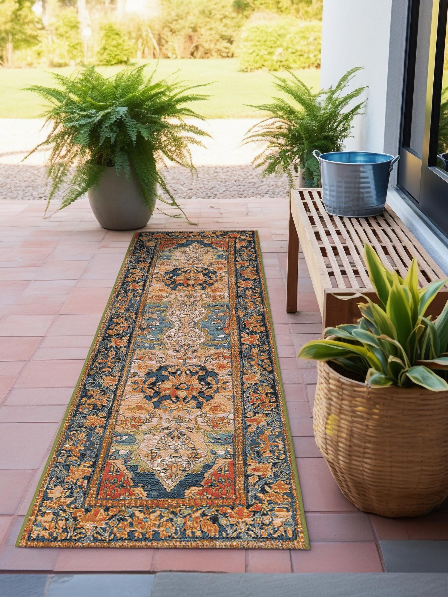 Navy Blue and Rust Red 2' x 6' 1 Outdoor Traditional Runner Area Rug Weather Resistant for Patio, Deck, Terrace, Balcony, Porch Classical Design Outside Carpet for Sale at Rug Engine