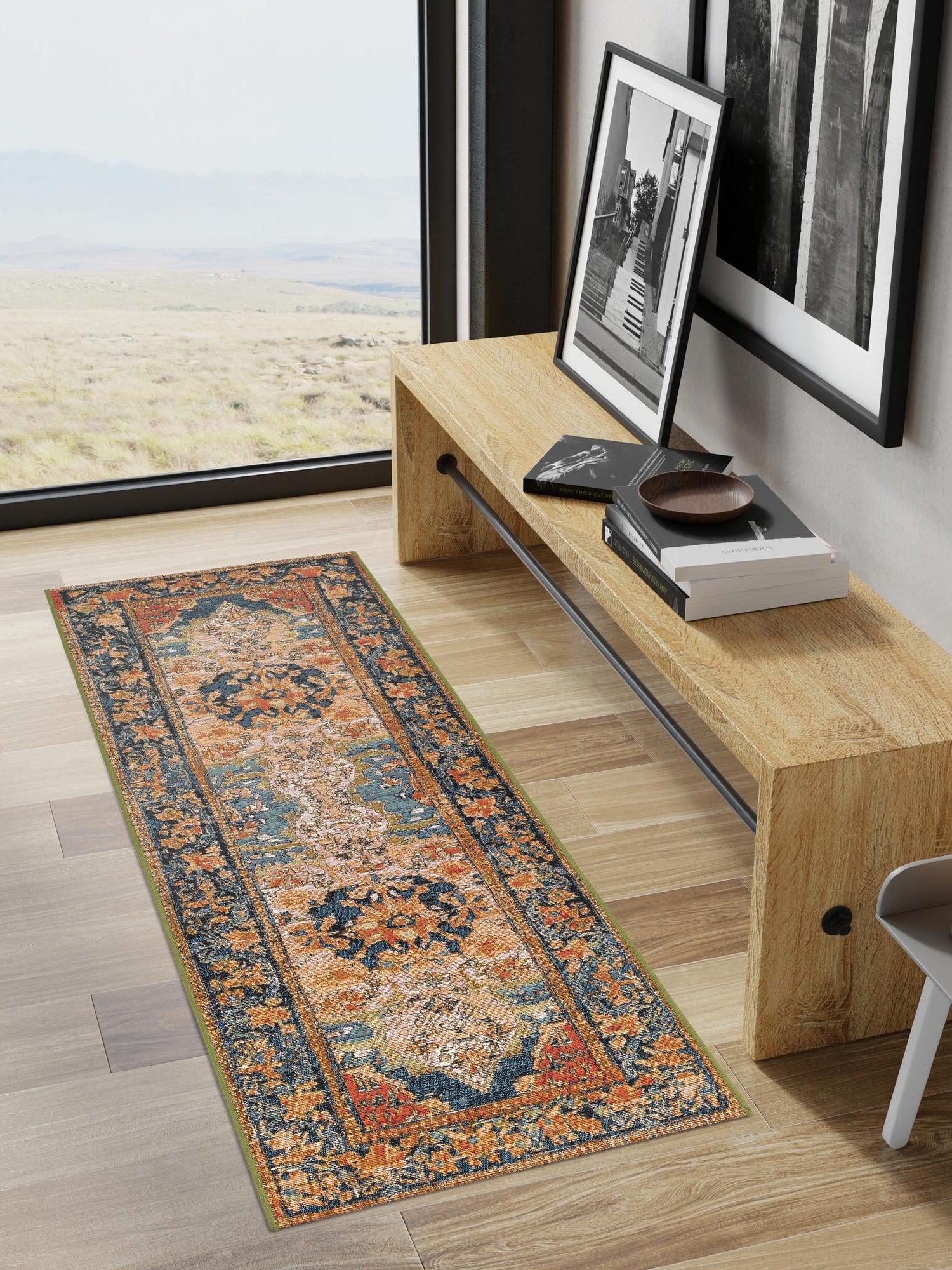 Navy Blue and Rust Red 2' 7 x 12' Outdoor Traditional Runner Area Rug Weather Resistant for Patio, Deck, Terrace, Balcony, Porch Classical Design Outside Carpet for Sale at Rug Engine