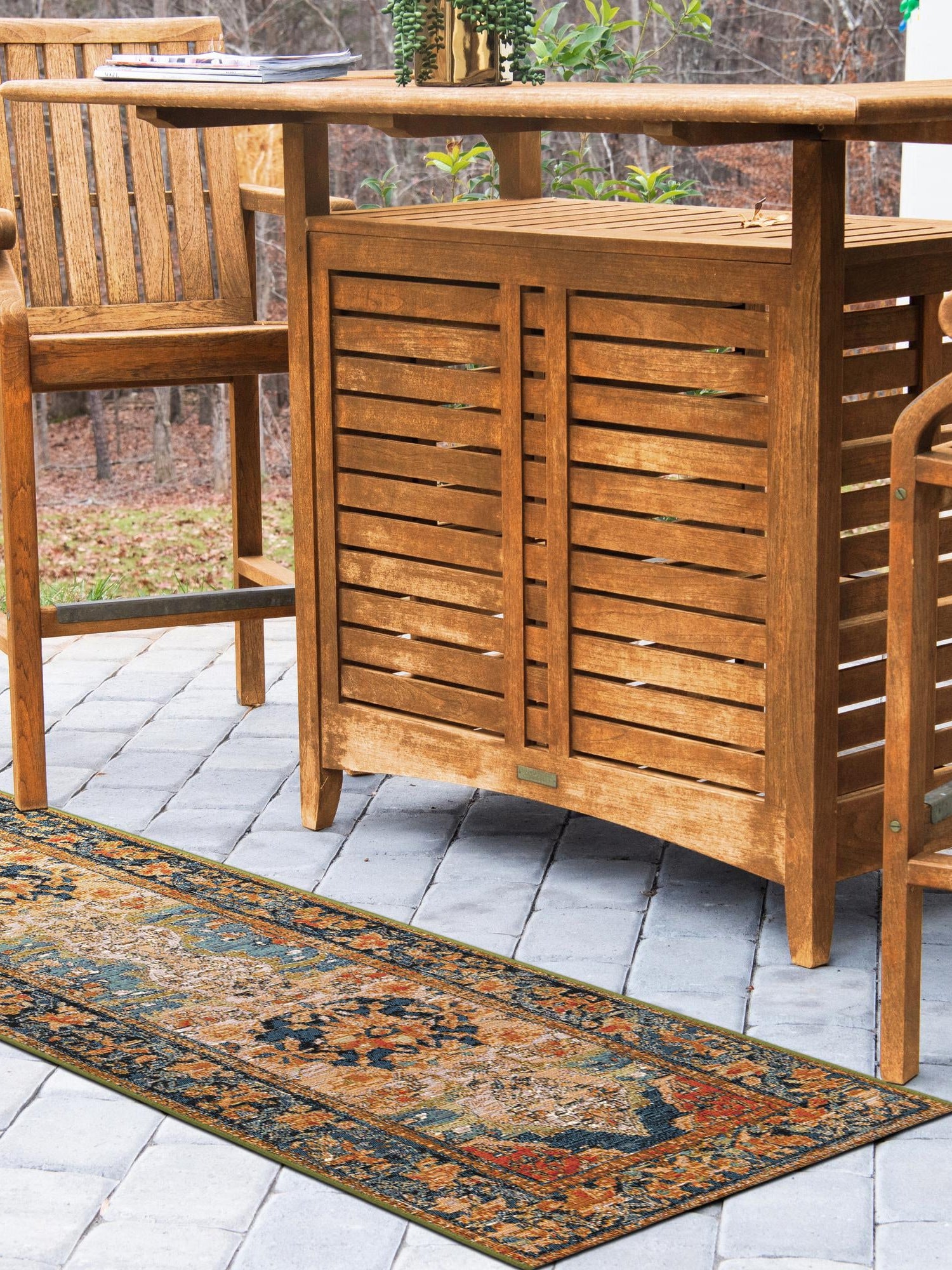 Navy Blue and Rust Red 2' 7 x 12' Outdoor Traditional Runner Area Rug Weather Resistant for Patio, Deck, Terrace, Balcony, Porch Classical Design Outside Carpet for Sale at Rug Engine