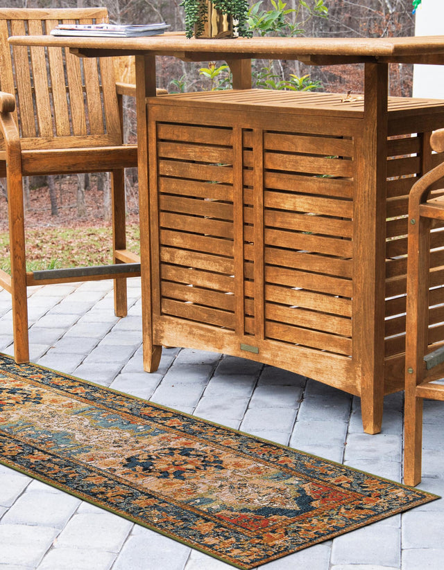 Navy Blue and Rust Red 2' 7 x 12' Outdoor Traditional Runner Area Rug Weather Resistant for Patio, Deck, Terrace, Balcony, Porch Classical Design Outside Carpet for Sale at Rug Engine