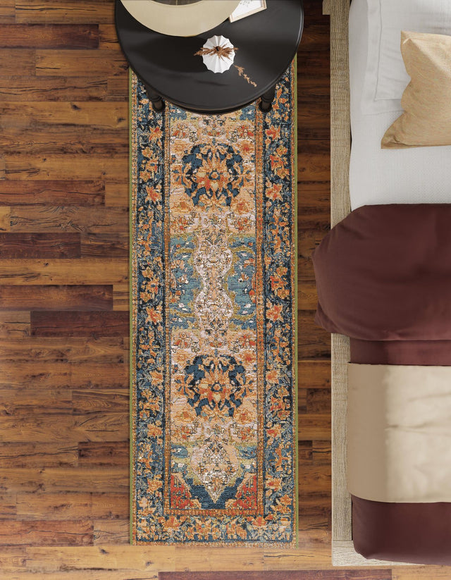 Navy Blue and Rust Red 2' 7 x 12' Outdoor Traditional Runner Area Rug Weather Resistant for Patio, Deck, Terrace, Balcony, Porch Classical Design Outside Carpet for Sale at Rug Engine