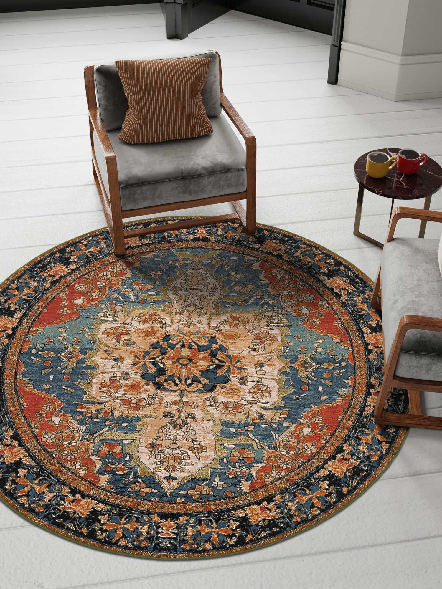 Navy Blue and Rust Red 7' 10 x 7' 10 Outdoor Traditional Round Area Rug Weather Resistant for Patio, Deck, Terrace, Balcony, Porch Classical Design Outside Carpet for Sale at Rug Engine