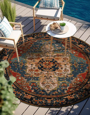 Navy Blue and Rust Red 4' 1 x 4' 1 Outdoor Traditional Round Area Rug Weather Resistant for Patio, Deck, Terrace, Balcony, Porch Classical Design Outside Carpet for Sale at Rug Engine