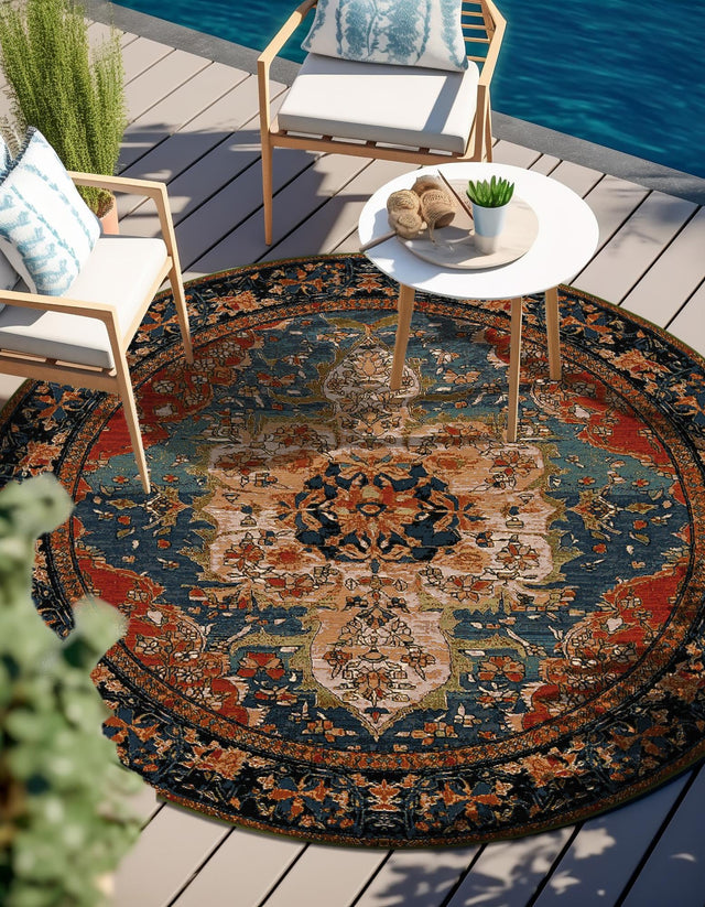 Navy Blue and Rust Red 7' 10 x 7' 10 Outdoor Traditional Round Area Rug Weather Resistant for Patio, Deck, Terrace, Balcony, Porch Classical Design Outside Carpet for Sale at Rug Engine