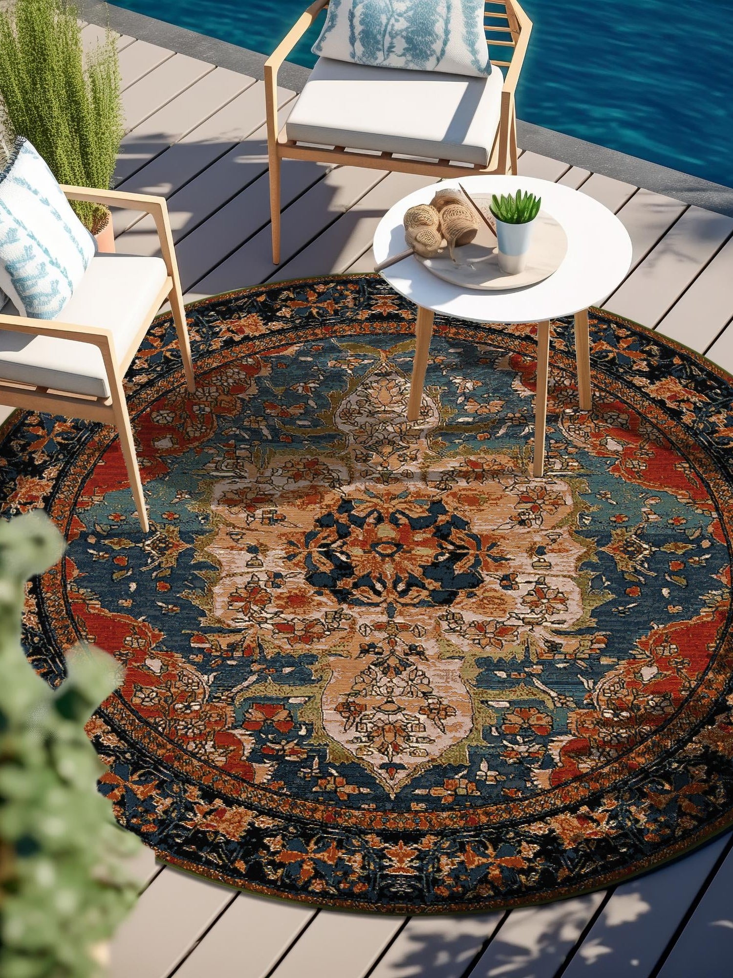 Navy Blue and Rust Red 5' 1 x 5' 1 Outdoor Traditional Round Area Rug Weather Resistant for Patio, Deck, Terrace, Balcony, Porch Classical Design Outside Carpet for Sale at Rug Engine