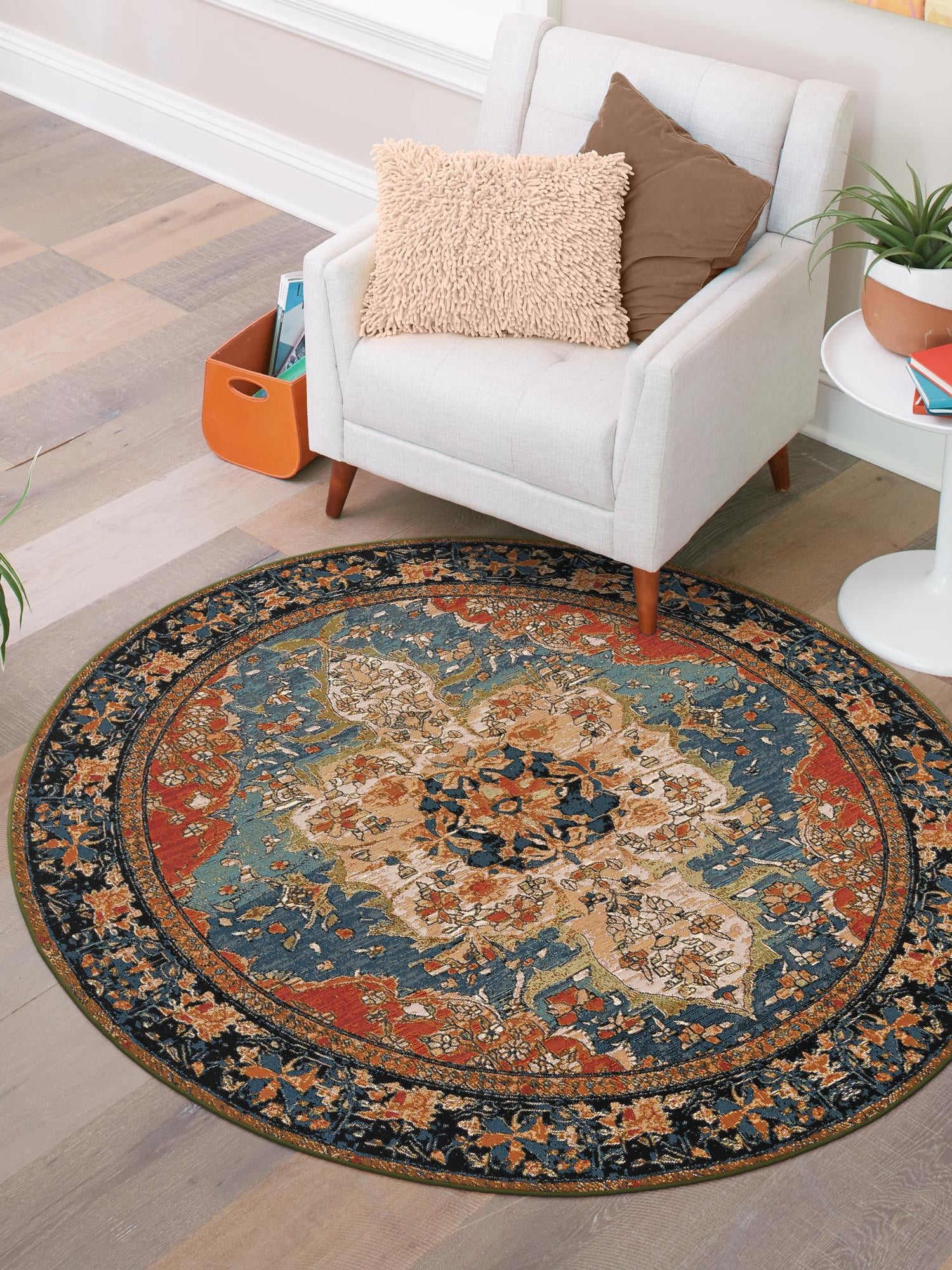 Navy Blue and Rust Red 5' 1 x 5' 1 Outdoor Traditional Round Area Rug Weather Resistant for Patio, Deck, Terrace, Balcony, Porch Classical Design Outside Carpet for Sale at Rug Engine