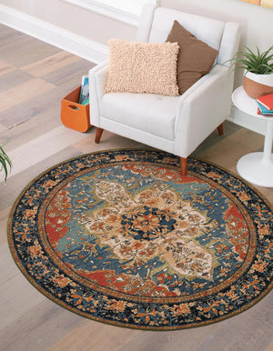 Navy Blue and Rust Red 5' 1 x 5' 1 Outdoor Traditional Round Area Rug Weather Resistant for Patio, Deck, Terrace, Balcony, Porch Classical Design Outside Carpet for Sale at Rug Engine