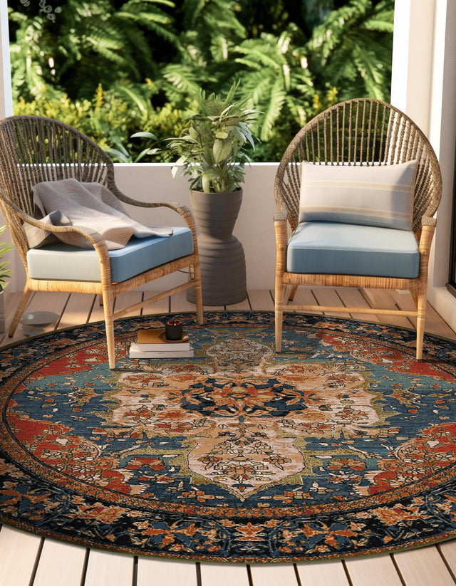 Navy Blue and Rust Red 4' 1 x 4' 1 Outdoor Traditional Round Area Rug Weather Resistant for Patio, Deck, Terrace, Balcony, Porch Classical Design Outside Carpet for Sale at Rug Engine