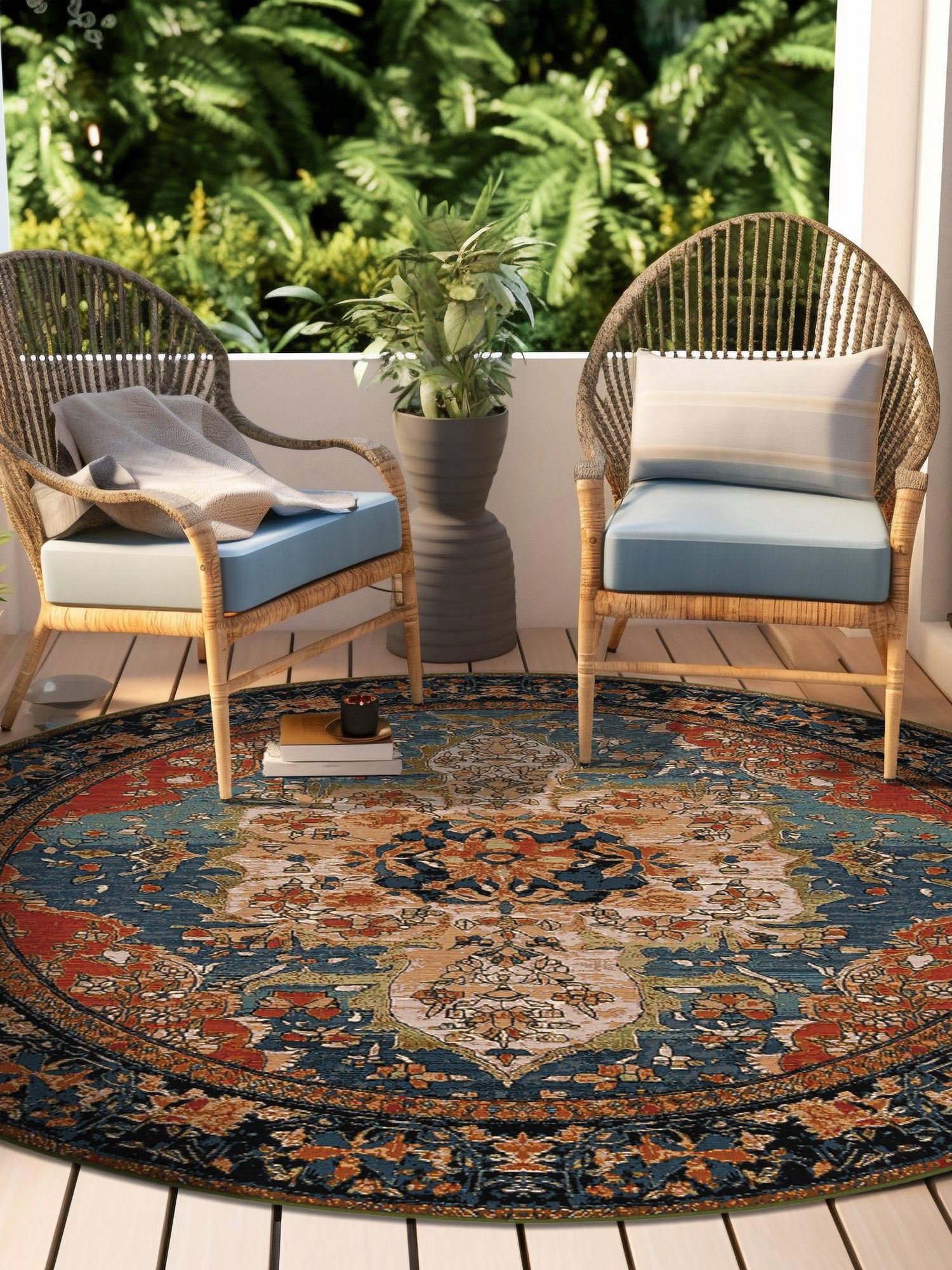 Navy Blue and Rust Red 7' 10 x 7' 10 Outdoor Traditional Round Area Rug Weather Resistant for Patio, Deck, Terrace, Balcony, Porch Classical Design Outside Carpet for Sale at Rug Engine