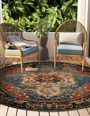 Navy Blue and Rust Red 7' 10 x 7' 10 Outdoor Traditional Round Area Rug Weather Resistant for Patio, Deck, Terrace, Balcony, Porch Classical Design Outside Carpet for Sale at Rug Engine