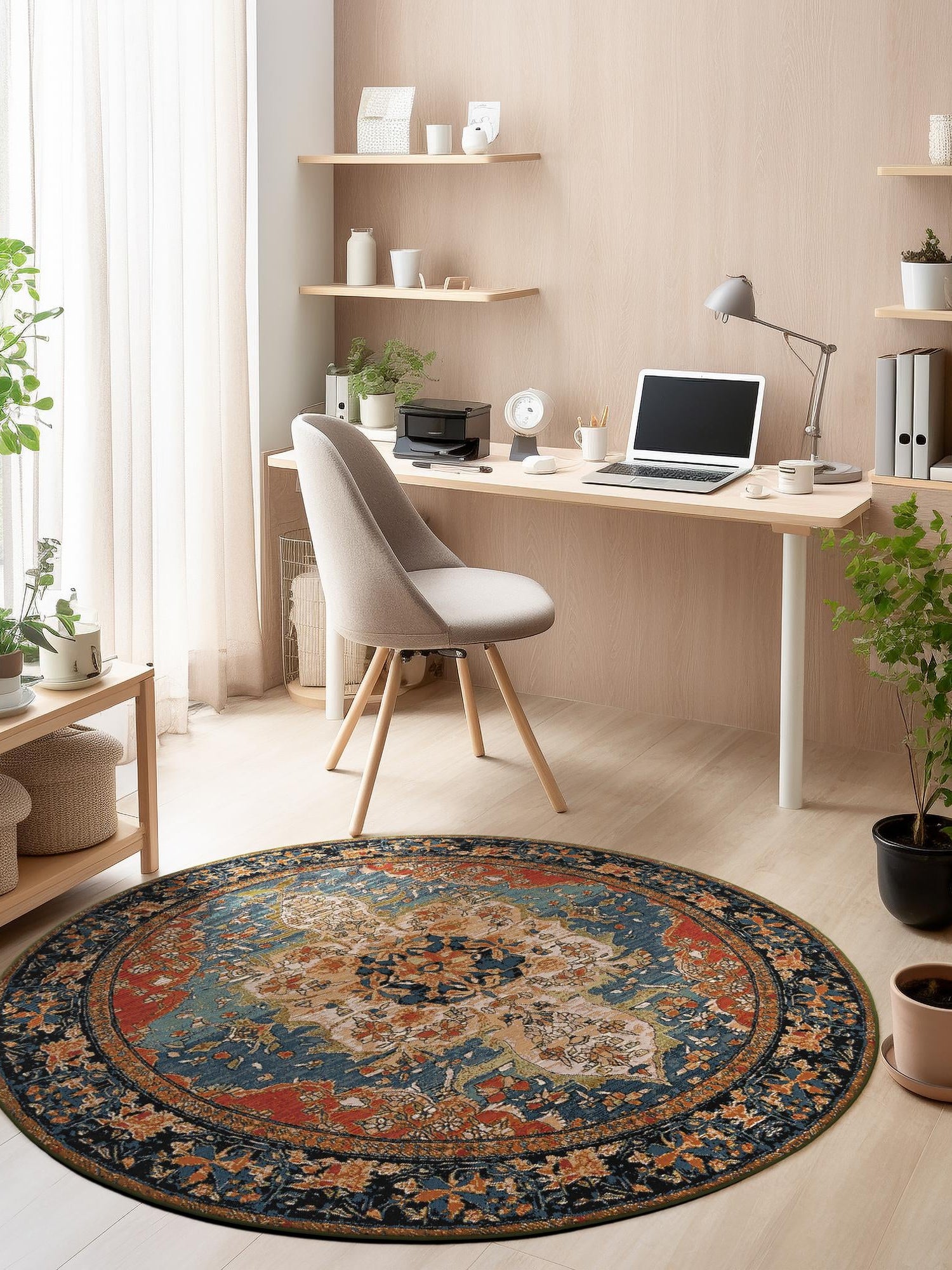 Navy Blue and Rust Red 7' 10 x 7' 10 Outdoor Traditional Round Area Rug Weather Resistant for Patio, Deck, Terrace, Balcony, Porch Classical Design Outside Carpet for Sale at Rug Engine