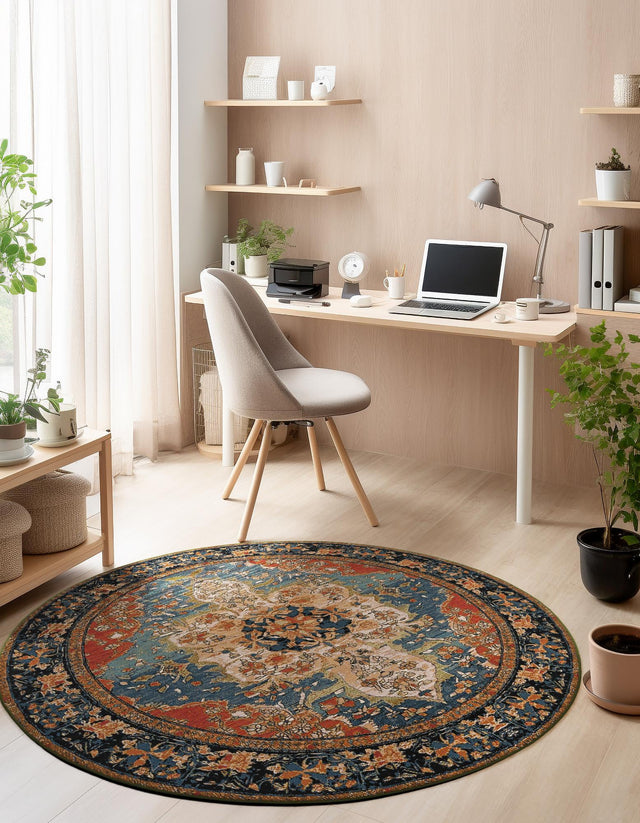 Navy Blue and Rust Red 5' 1 x 5' 1 Outdoor Traditional Round Area Rug Weather Resistant for Patio, Deck, Terrace, Balcony, Porch Classical Design Outside Carpet for Sale at Rug Engine