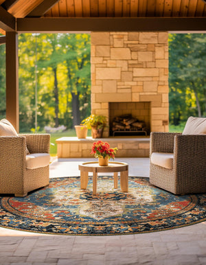 Navy Blue and Rust Red 5' 1 x 5' 1 Outdoor Traditional Round Area Rug Weather Resistant for Patio, Deck, Terrace, Balcony, Porch Classical Design Outside Carpet for Sale at Rug Engine