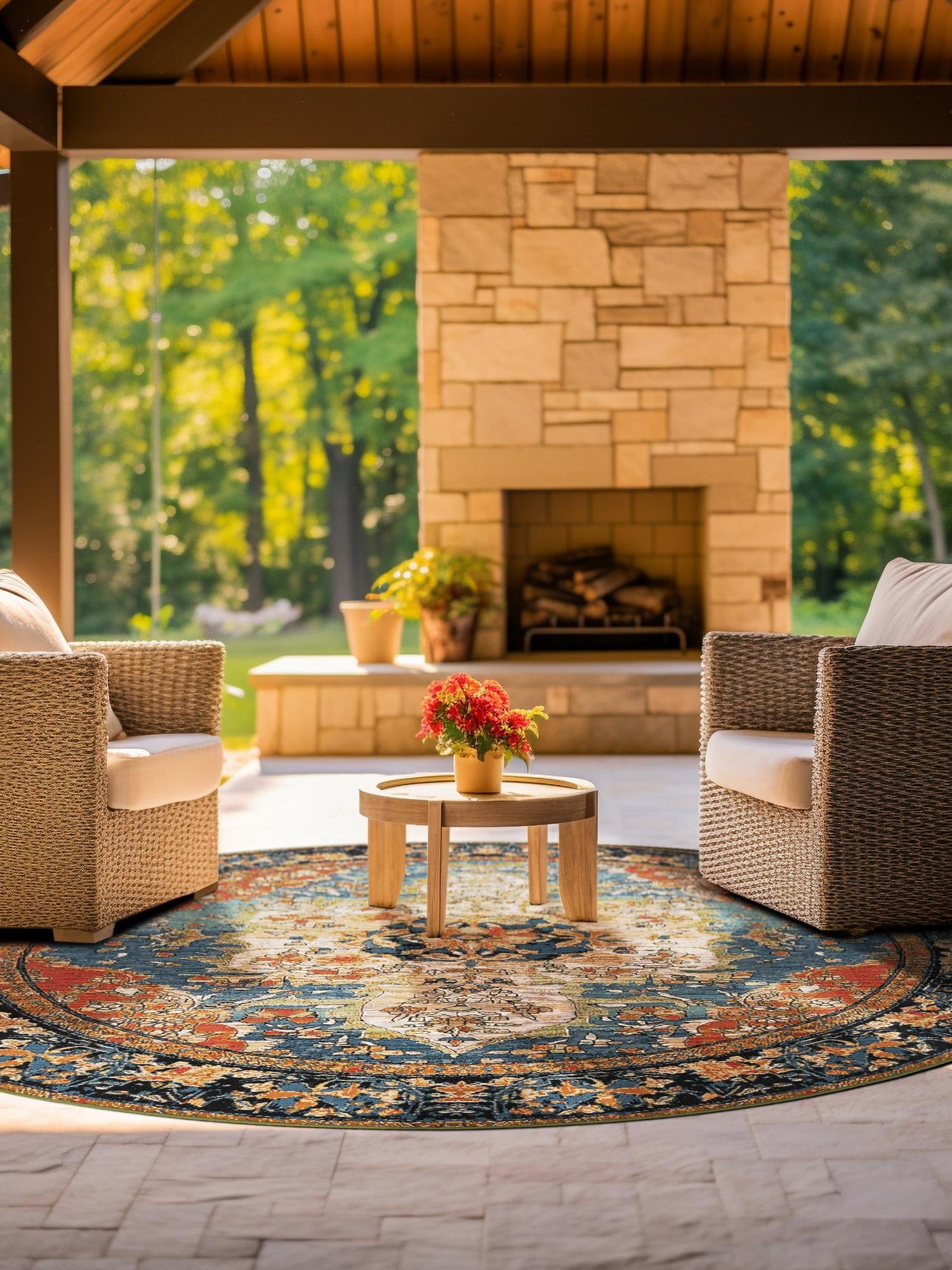 Navy Blue and Rust Red 7' 10 x 7' 10 Outdoor Traditional Round Area Rug Weather Resistant for Patio, Deck, Terrace, Balcony, Porch Classical Design Outside Carpet for Sale at Rug Engine