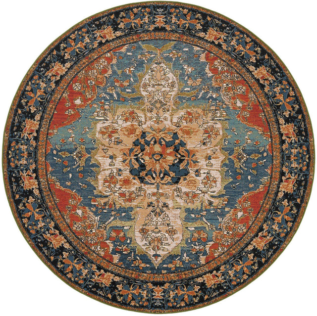 Navy Blue and Rust Red 7' 10 x 7' 10 Outdoor Traditional Round Area Rug Weather Resistant for Patio, Deck, Terrace, Balcony, Porch Classical Design Outside Carpet for Sale at Rug Engine