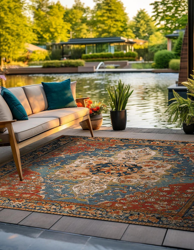 Navy Blue and Rust Red 10' x 10' Outdoor Traditional Square Area Rug Weather Resistant for Patio, Deck, Terrace, Balcony, Porch Classical Design Outside Carpet for Sale at Rug Engine