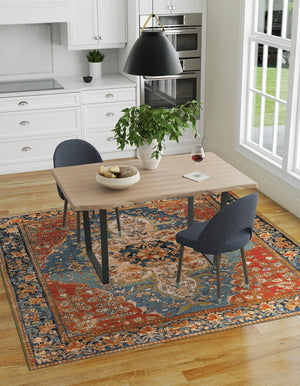 Navy Blue and Rust Red 10' x 10' Outdoor Traditional Square Area Rug Weather Resistant for Patio, Deck, Terrace, Balcony, Porch Classical Design Outside Carpet for Sale at Rug Engine
