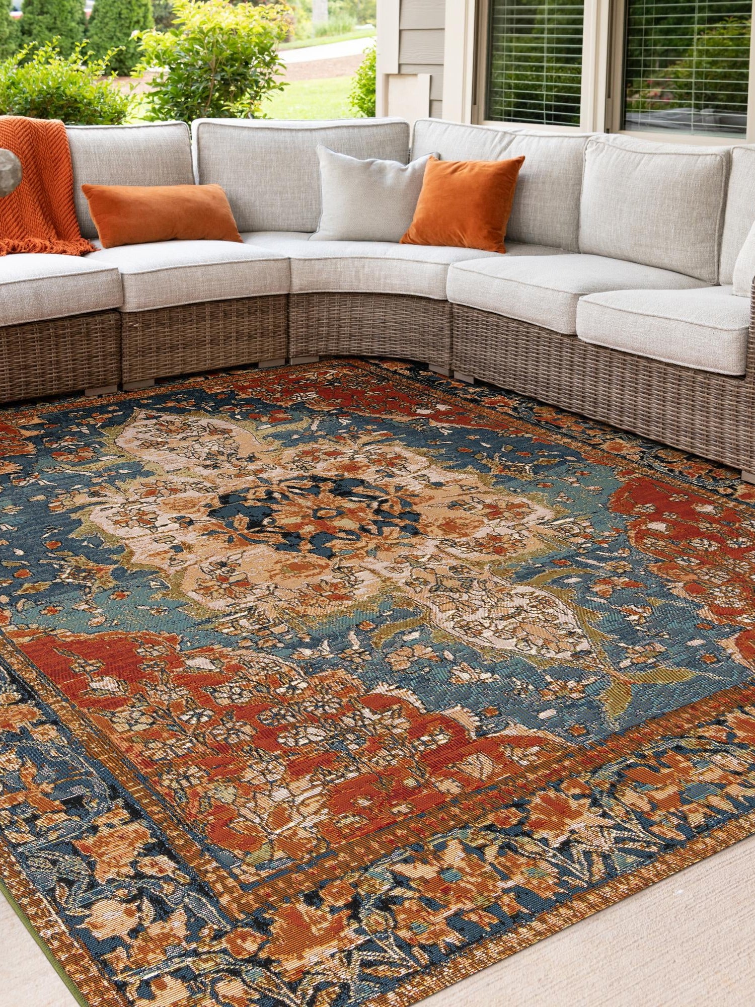 Navy Blue and Rust Red 7' 10 x 7' 10 Outdoor Traditional Square Area Rug Weather Resistant for Patio, Deck, Terrace, Balcony, Porch Classical Design Outside Carpet for Sale at Rug Engine