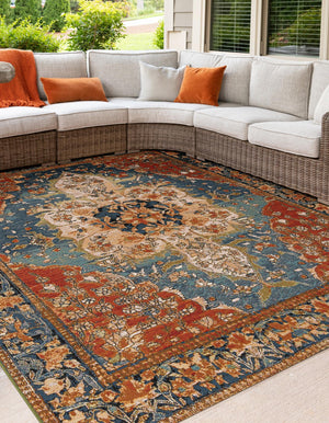 Navy Blue and Rust Red 7' 10 x 7' 10 Outdoor Traditional Square Area Rug Weather Resistant for Patio, Deck, Terrace, Balcony, Porch Classical Design Outside Carpet for Sale at Rug Engine
