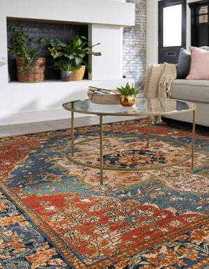 Navy Blue and Rust Red 10' x 10' Outdoor Traditional Square Area Rug Weather Resistant for Patio, Deck, Terrace, Balcony, Porch Classical Design Outside Carpet for Sale at Rug Engine