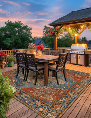 Navy Blue and Rust Red 10' x 10' Outdoor Traditional Square Area Rug Weather Resistant for Patio, Deck, Terrace, Balcony, Porch Classical Design Outside Carpet for Sale at Rug Engine